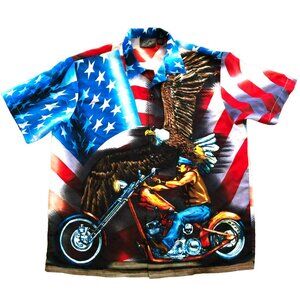 BIKER CHOPPER SHIRT SZ XL FLAG ALL OVER PRINT SAPHIRE LOUNGE BUTTON UP MENS